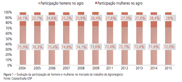 mulheres no agronegócio. tabela com participação da mulher no campo.